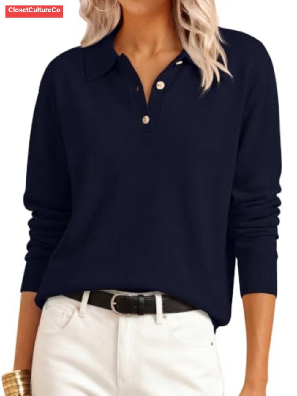 Polo Collared Long Sleeve Knit Pullover Sweater